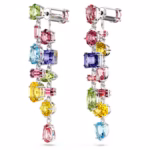 Gema drop earrings Asymmetrical design, Mixed cuts, Long, Multicoloured, Rhodium plated - Image 4