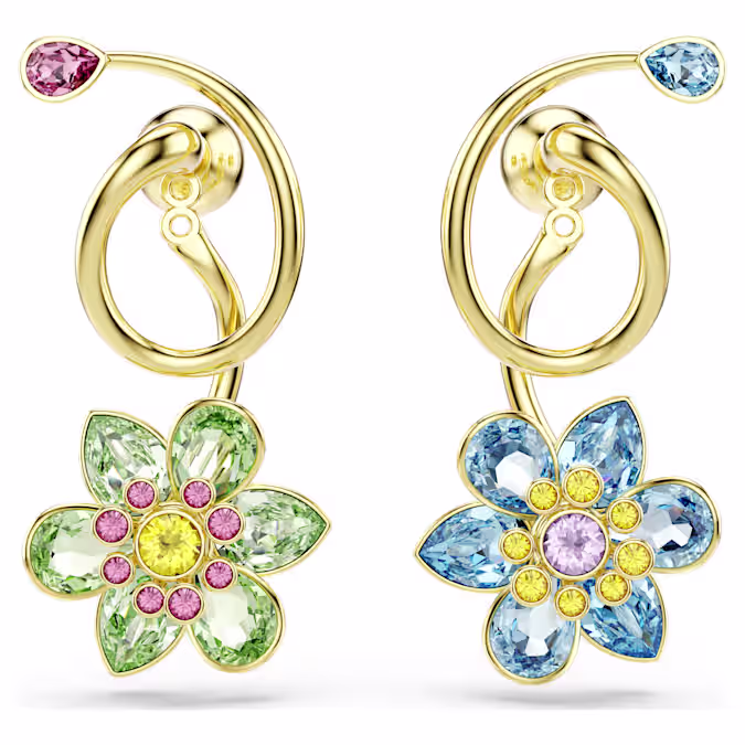 Idyllia drop earrings Asymmetrical design, Mixed cuts, Flower, Multicoloured, 18K gold finish