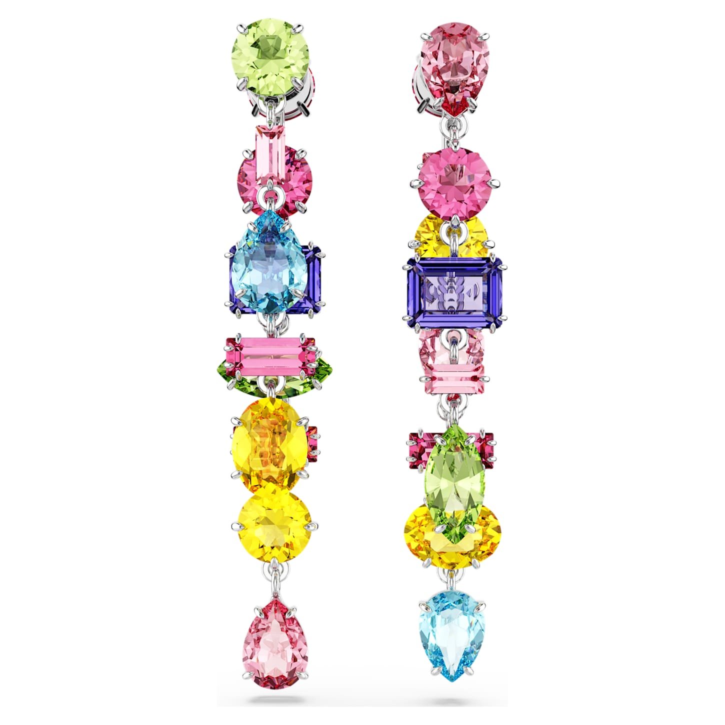 Gema drop earrings Asymmetrical design, Mixed cuts, Long, Multicoloured, Rhodium plated