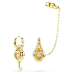Idyllia drop earrings with ear cuff Mixed cuts, Heart with key, Pink, 18K gold finish