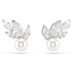 Louison Pearl stud earrings Leaf, White, Rhodium plated